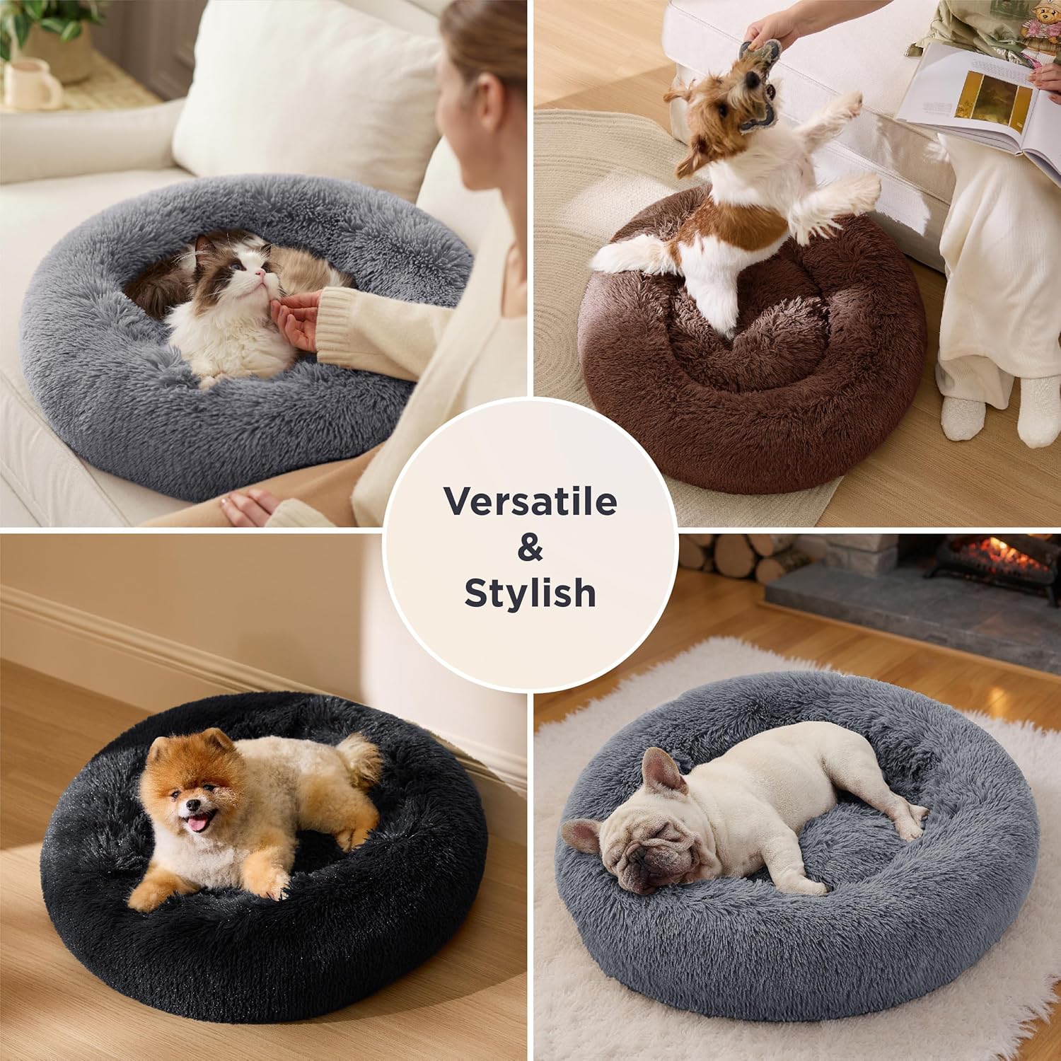 Bedsure Calming Donut Cat Bed - Fluffy Plush Round Pet Bed for Kitten & Puppy, Washable Anti-Anxiety Soft Comfy Cuddler, 20x20 Inches, Grey (Basic Version) - Image 4